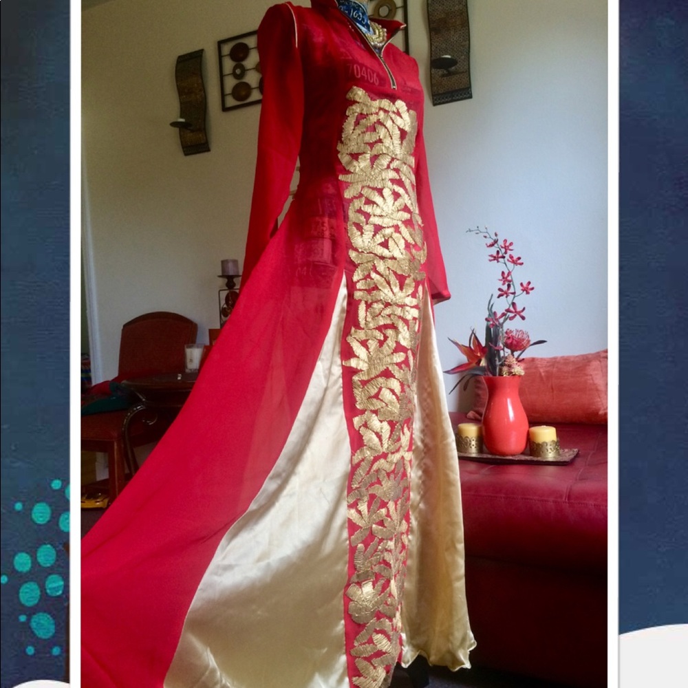 Red and Gold Embroidered Women's Dress - Picture 3 of 9